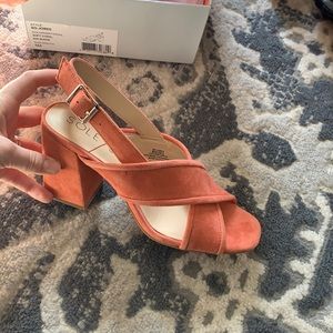 Coral suede block heel
